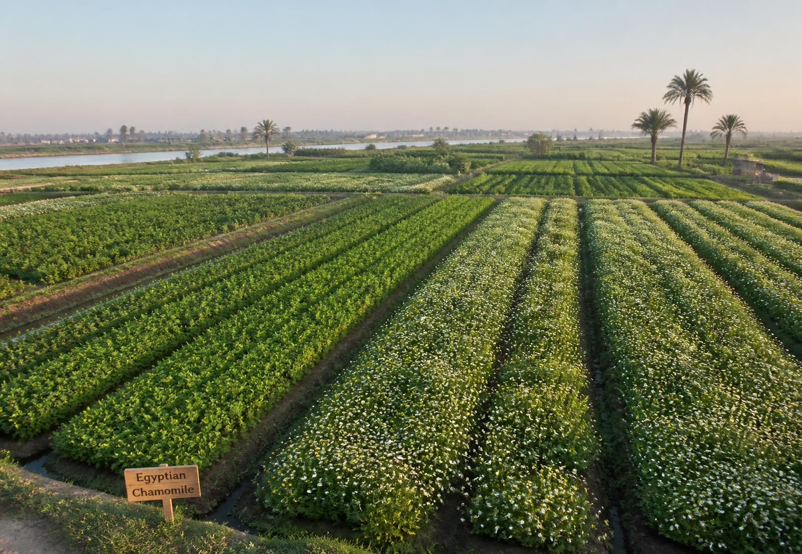 Aerial view of cultivated Egyptian herb fields in the Nile Delta