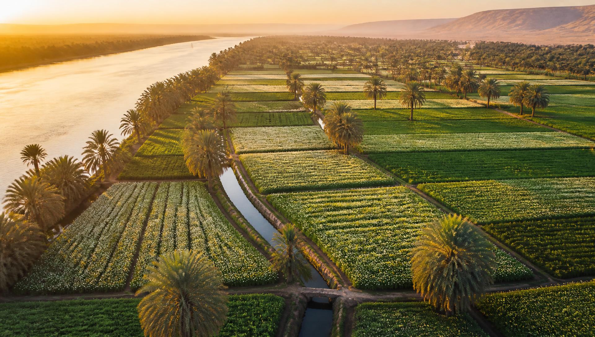 Aerial view of Egyptian herb fields at golden hour